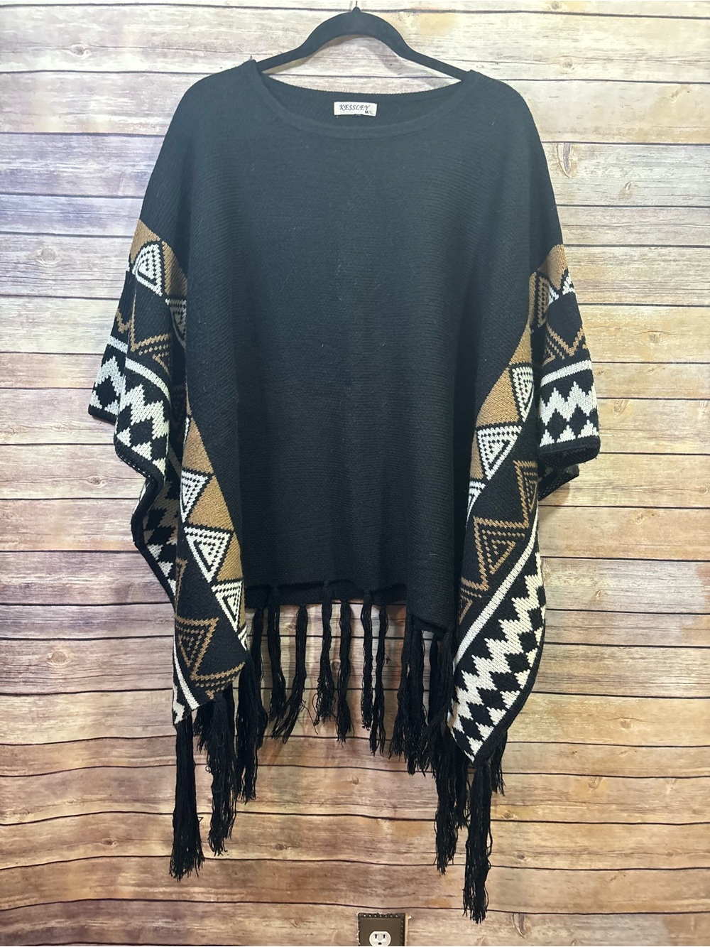Keesley Wool Blend Poncho Sweater Aztec Print Fringe Size M/L